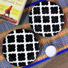 Black Moroccan Hand Painted Ceramic Quarter Plates Set Of 2 | Small Side Plates For Dinner & Snacks - 7 Inch, 2 Pieces, Microwave Safe