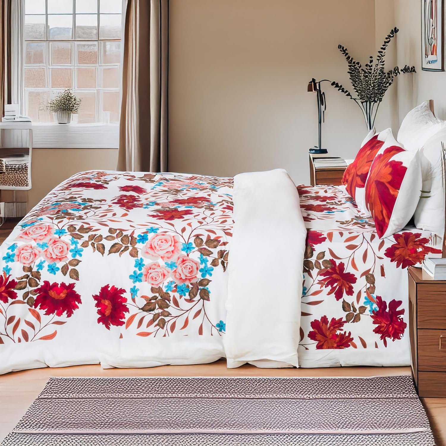 Printed Cotton Bedsheet For King Size With 2 Pillow Cover | 108 X 108 Inches, White & Red | Wrinkle Free Soft Perfect For Everyday Use