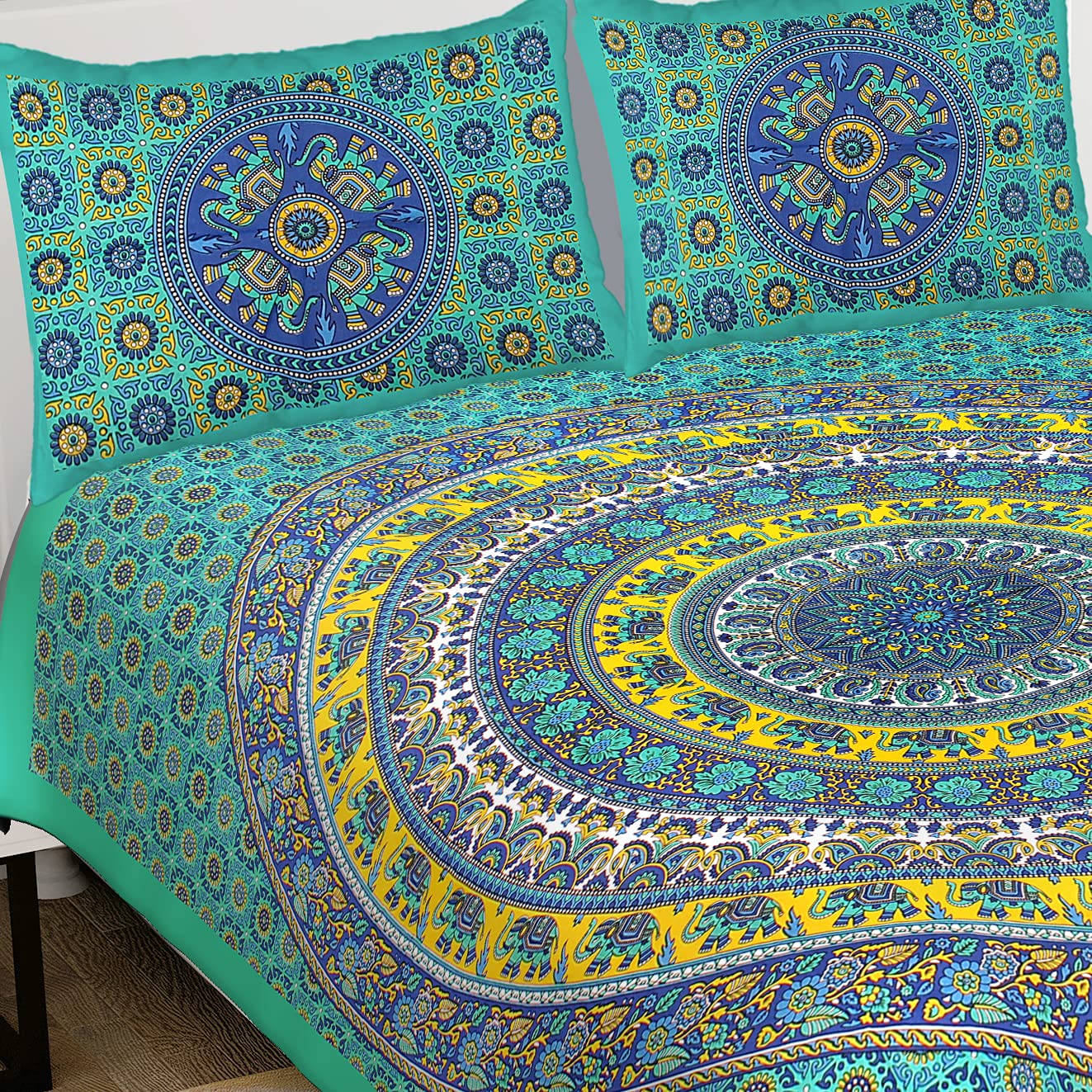 Printed Double Bedsheet For King Size With 2 Pillow Covers - 90 X 100 Inches, Green & Blue | Better Use Soft Detergent For Long Durability