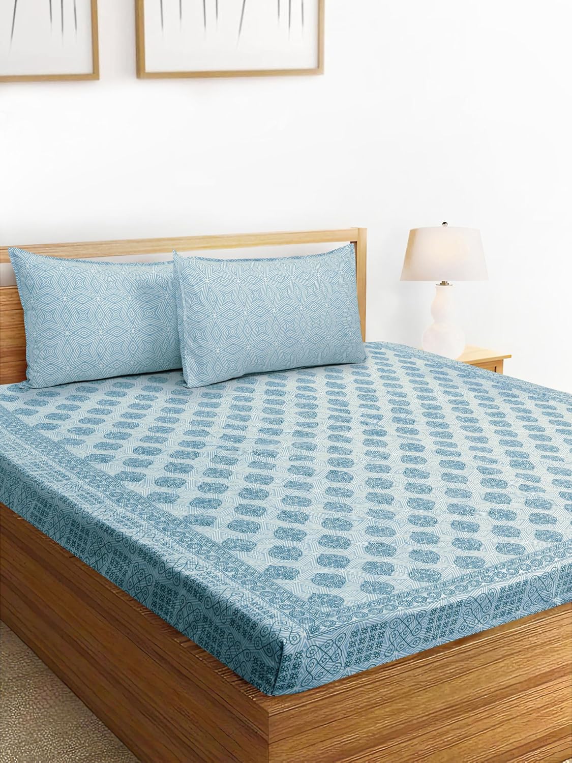 Handloom Printed Double Bedsheet For Queen Size With 2 Matching Pillow Cover | Size 90 X 100 Inches, Blue - Cotton Bedsheets For Double Bed | Soft & Smooth