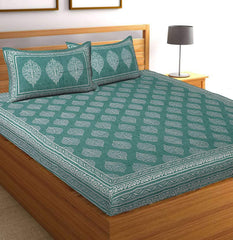 Printed Bedsheet For Double Bed With 2 Pillow Covers - 83 X 94 Inches, Green & White | Ideal For Hotel, Guest House, Home | Traditional Jaipuri Bedsheets