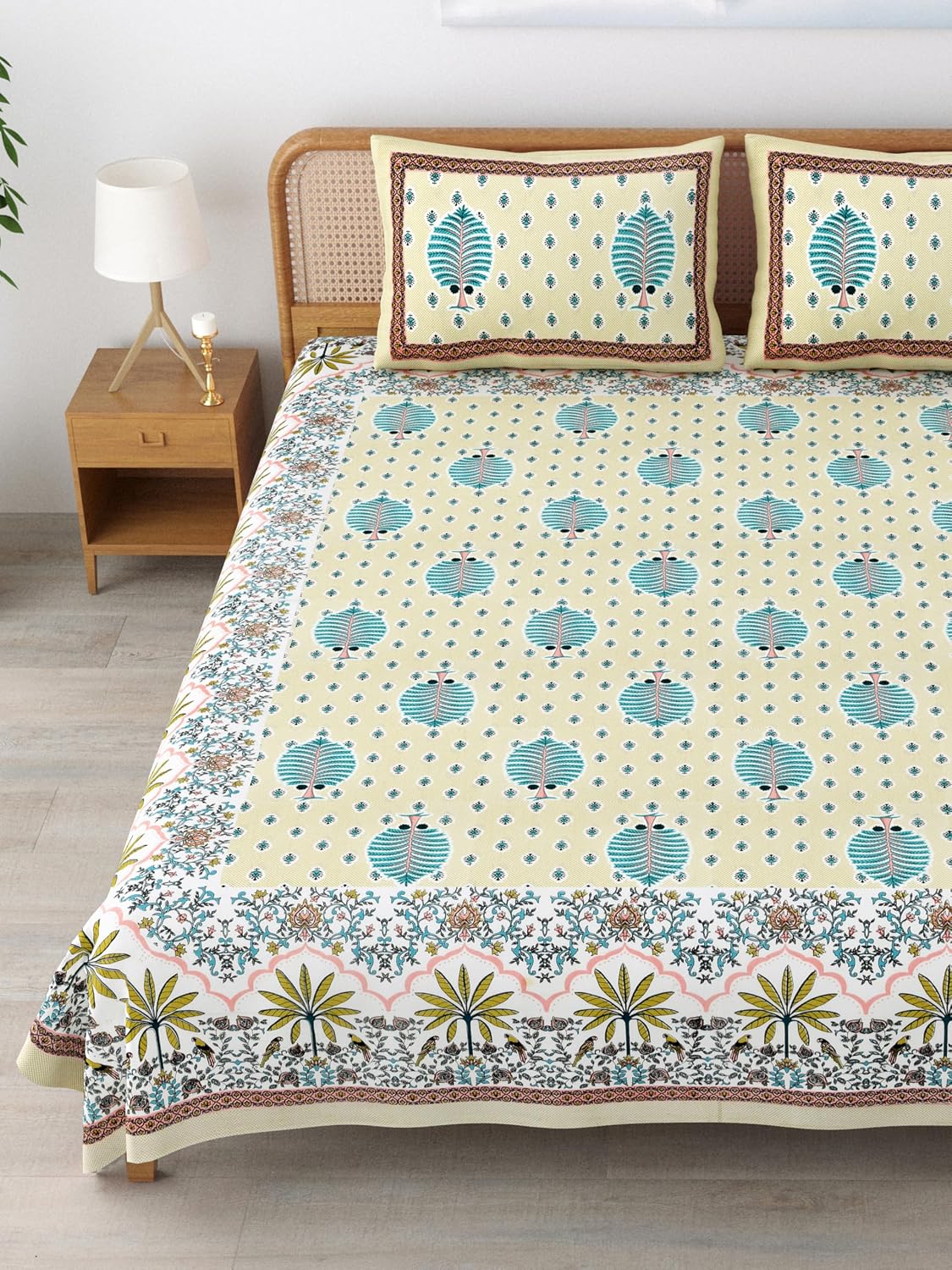 Traditional Rajasthani Cotton Bedsheet For King Size With 2 Matching Pillow Cover | 90 X 108 Inches, Beige & Green | Soft & Comfortable Fabric