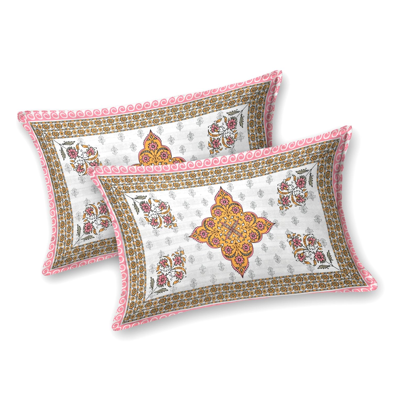 Traditional Rajasthani Cotton Bedsheet For King Size With 2 Matching Pillow Cover | 90 X 108 Inches, Rose Pink & White | Soft & Comfortable Fabric