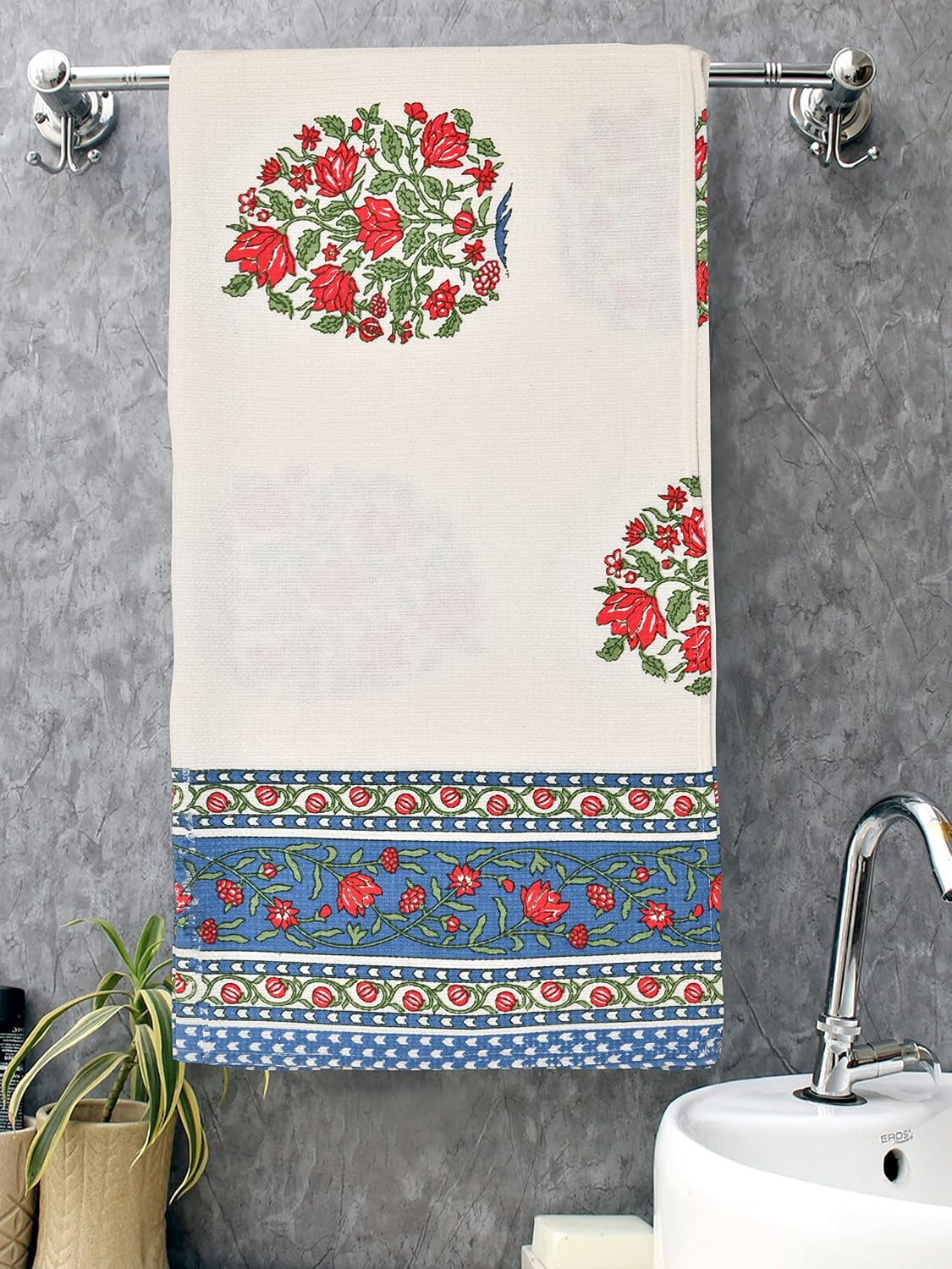 Mafatlal 100% Cotton Waffle Towel Large Size 200 Gsm | Light Weight, Quick Dry, Hand Printed, Floral Designs & Craft, Super Absorbent Towel (Madhuban Collection)