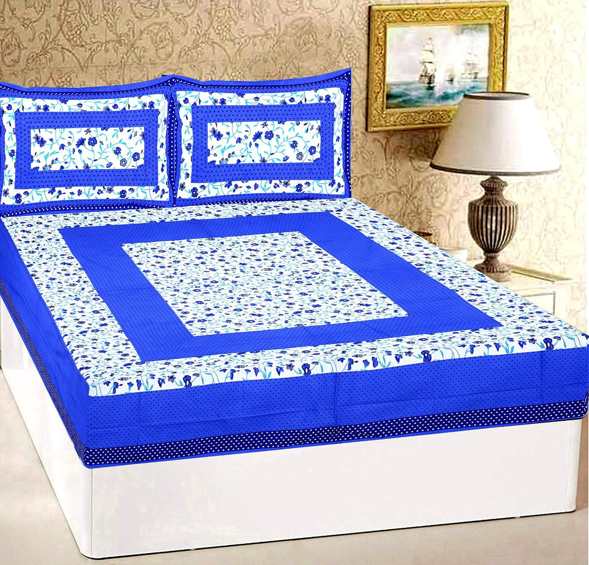 Pure 100% Cotton Double Bed Sheet With 2 Pillow Covers - 90 X 100 Inches, Blue & White | Beautifully Handcrafted Traditional Bedsheets - Skin Friendly Fabric