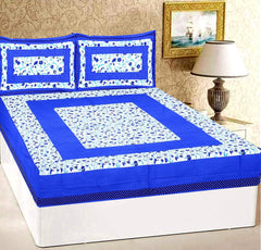 Pure 100% Cotton Double Bed Sheet With 2 Pillow Covers - 90 X 100 Inches, Blue & White | Beautifully Handcrafted Traditional Bedsheets - Skin Friendly Fabric