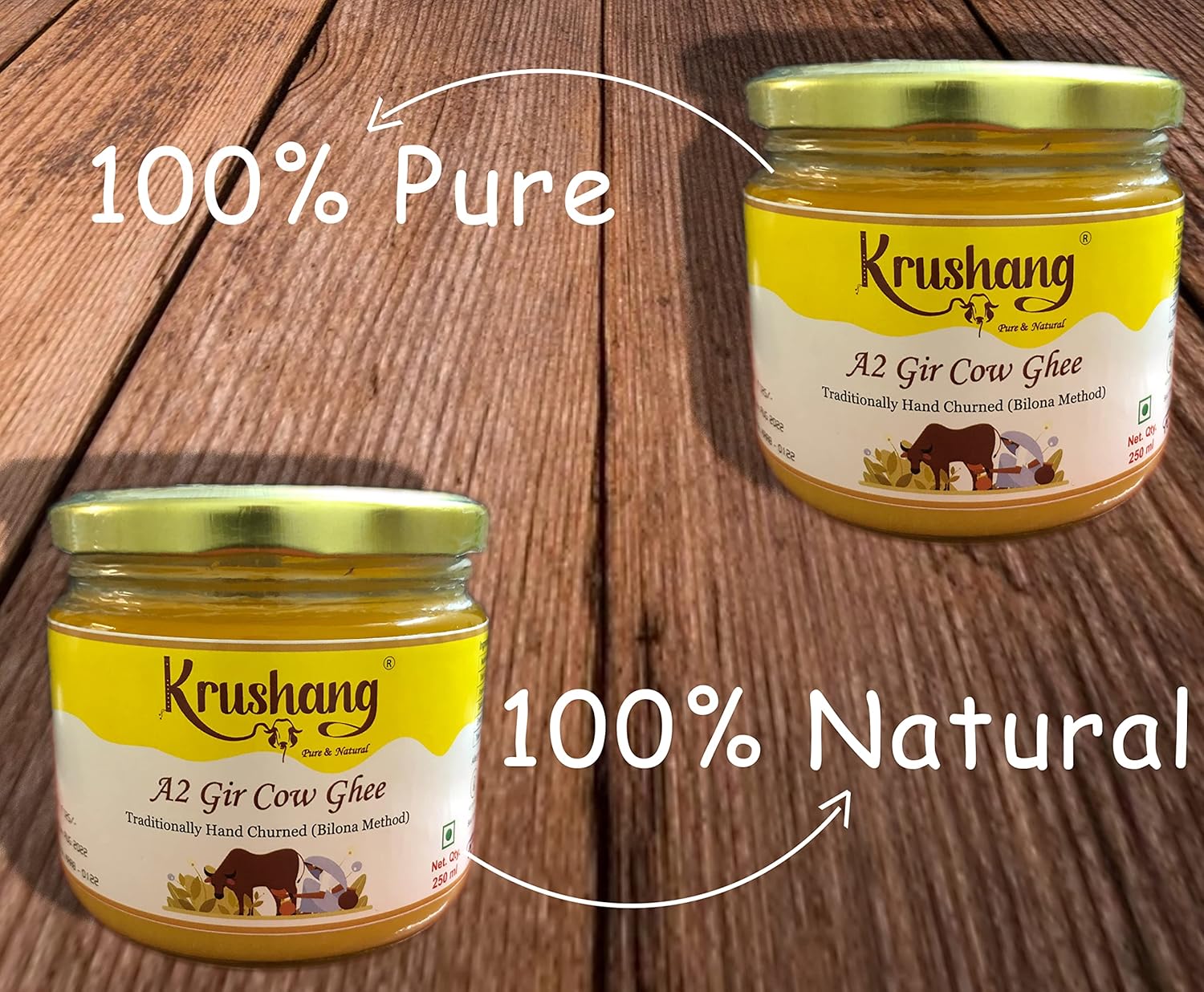 Natural A2 Gir Cow Bilona Ghee By Krushang | Traditionally Hand Churned Bilona Method Healthy Pure Desi Ghee Helps In Weight Loss | (250ml) 8.4 Ounce | Jar Pack