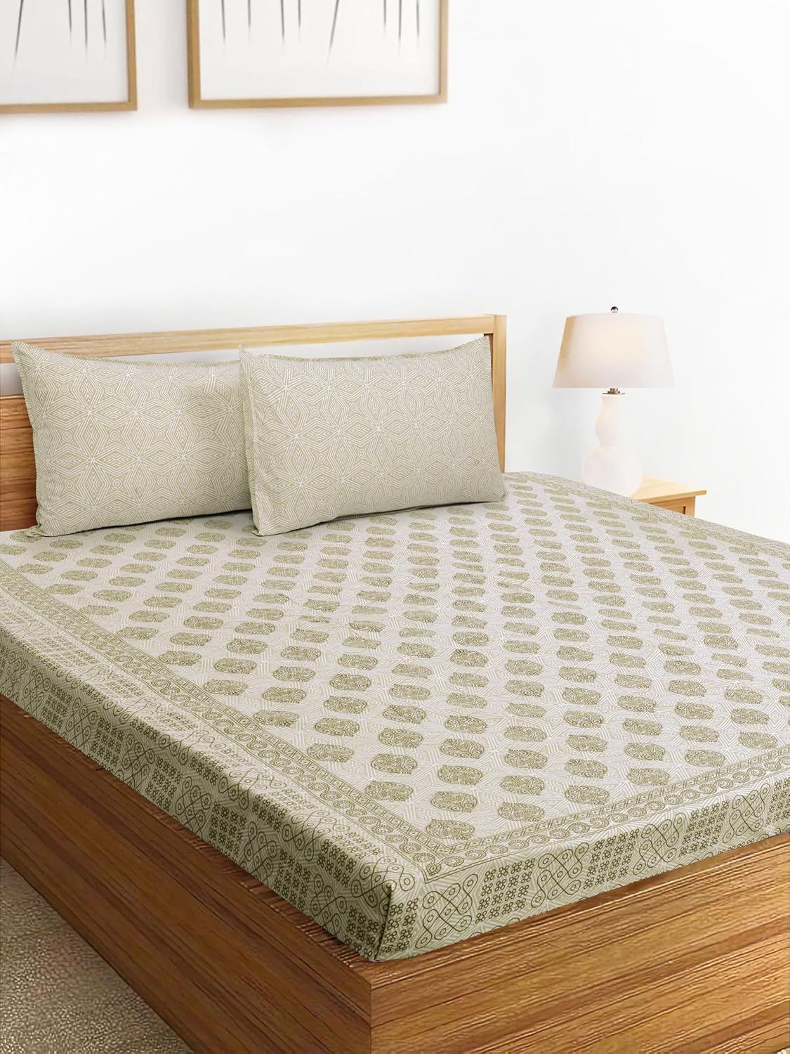 Handloom Printed Double Bedsheet For Queen Size With 2 Matching Pillow Cover | Size 90 X 100 Inches, Beige - Cotton Bedsheets For Double Bed | Soft & Smooth