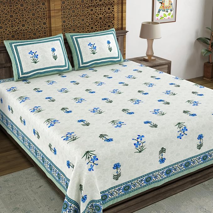 Hand Block Printed Cotton King Size Bedsheet With 2 Pillow Covers, 90 X 108 Inches, White | Good For Villas, Resorts, Guest Houses, & Daily Home Use