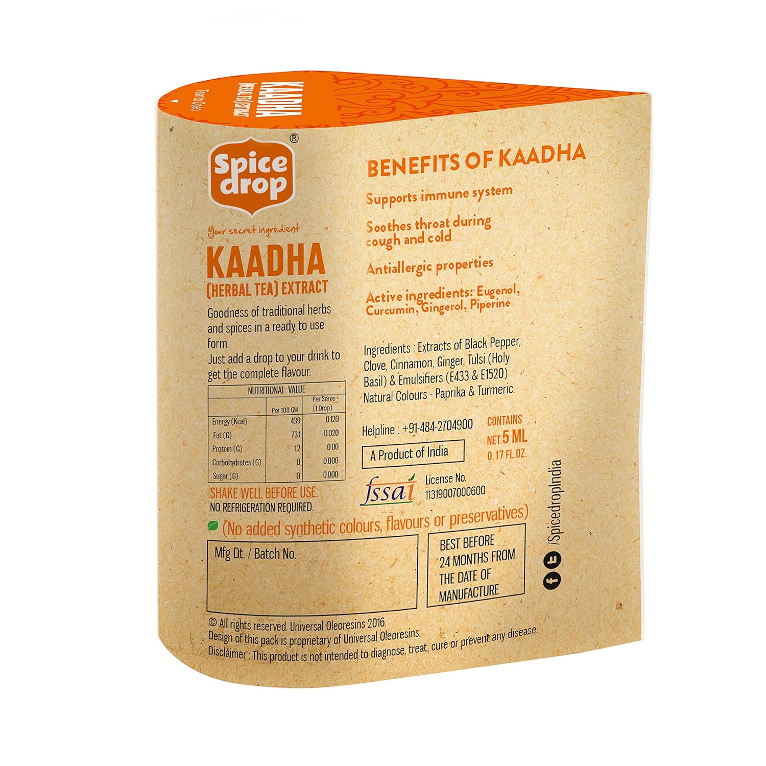 Spice Drop Kaadha Herbal Tea Extract - 180 Cups, 5ml, 0.1 Fl.Oz. | Contains Black Pepper, Clove, Cinnamon, Ginger & Tulsi - Chai Masala Drops | No Preservatives, Gluten Friendly, Keto Friendly