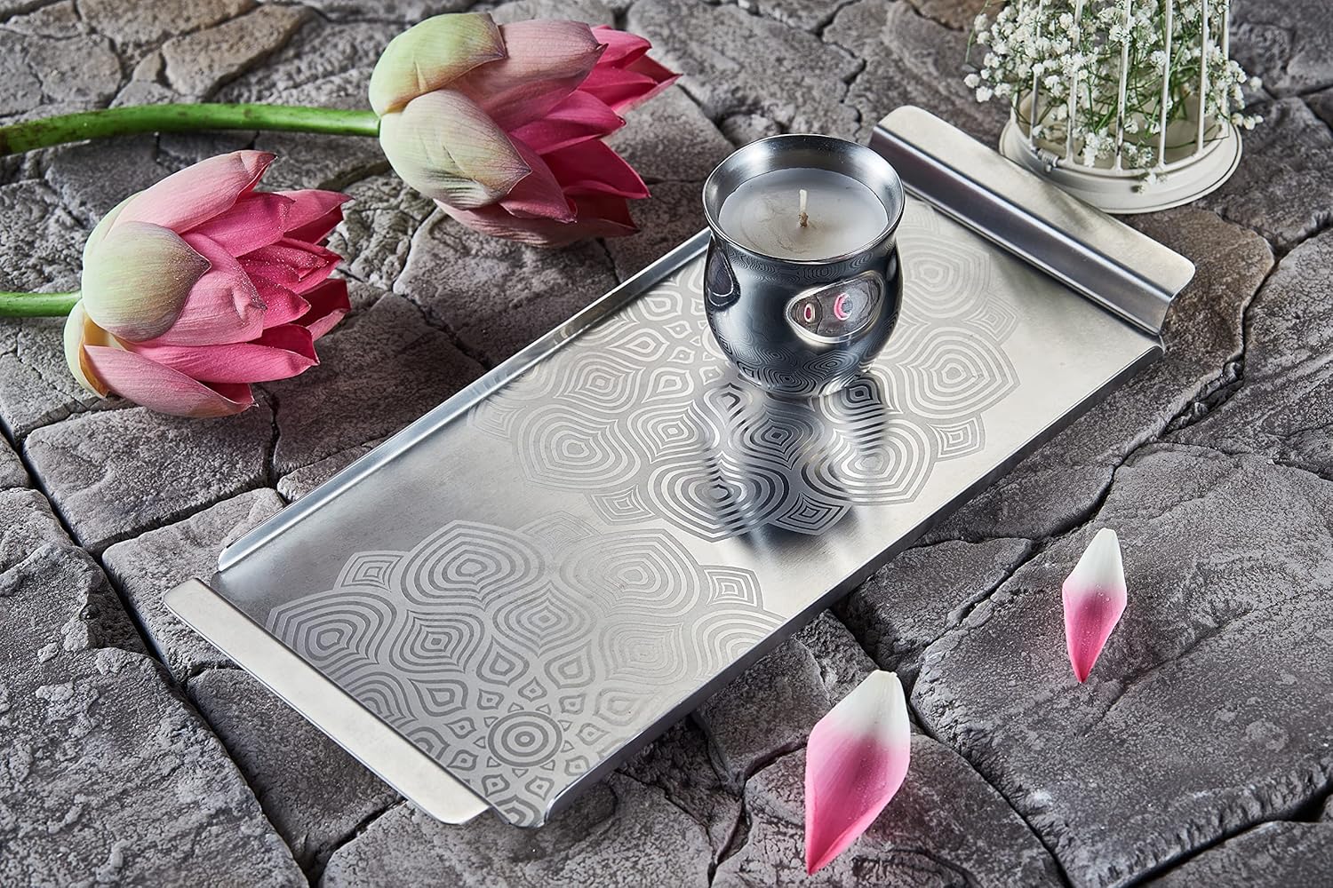 Designer Chrome Stainless Steel Tray, Small - Lotus Pattern, Luxury Gift Collection | Multipurpose Serving Platter - Premium Serve Ware, Dinnerware & Tableware | Padma Shvet Series