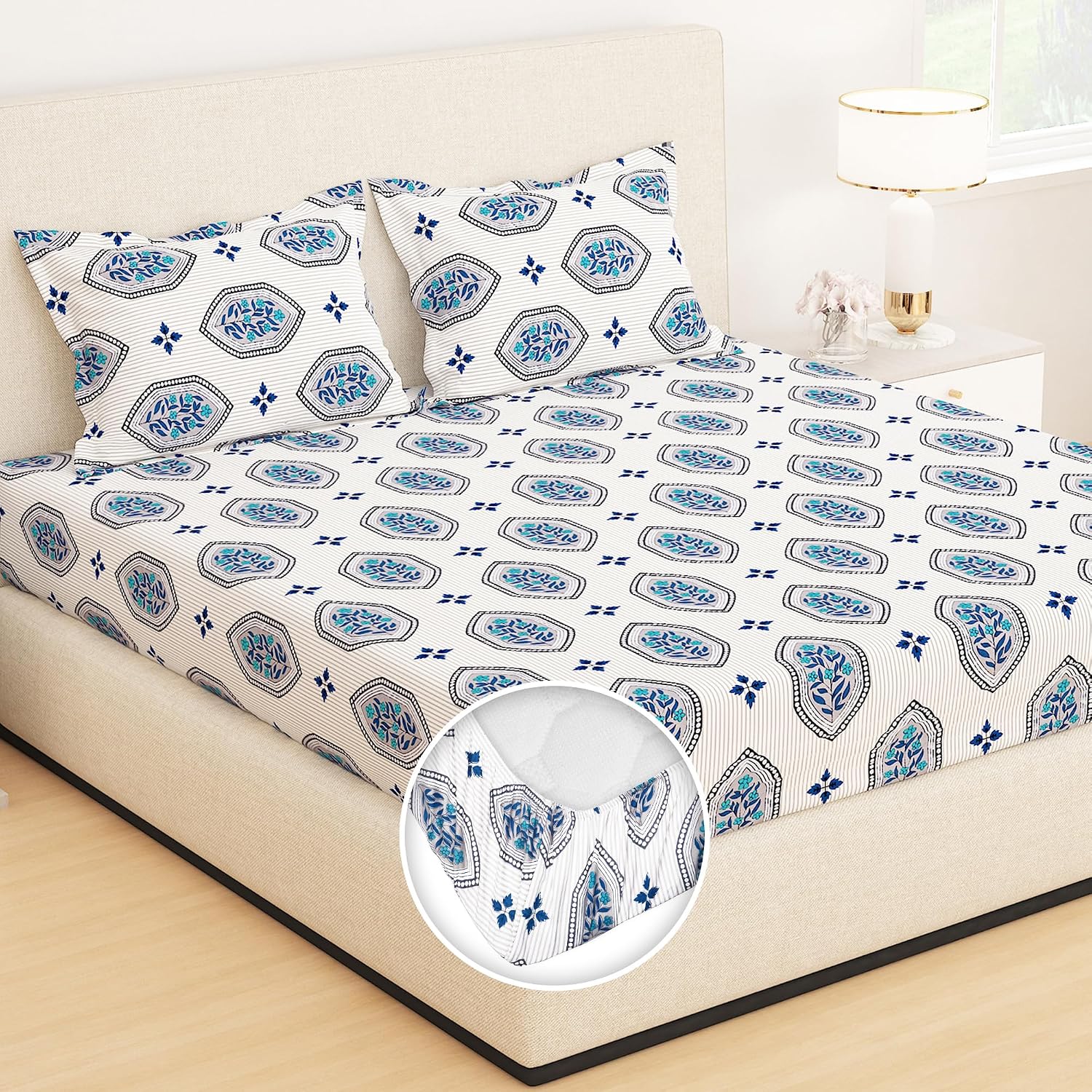 All Around Elastic Fitted Bedsheet With 2 Matching Pillow Covers - 60 X 72 Inches, Cream & Blue | Long Lasting Use & Everyday Luxury | Ideal For All Seasons