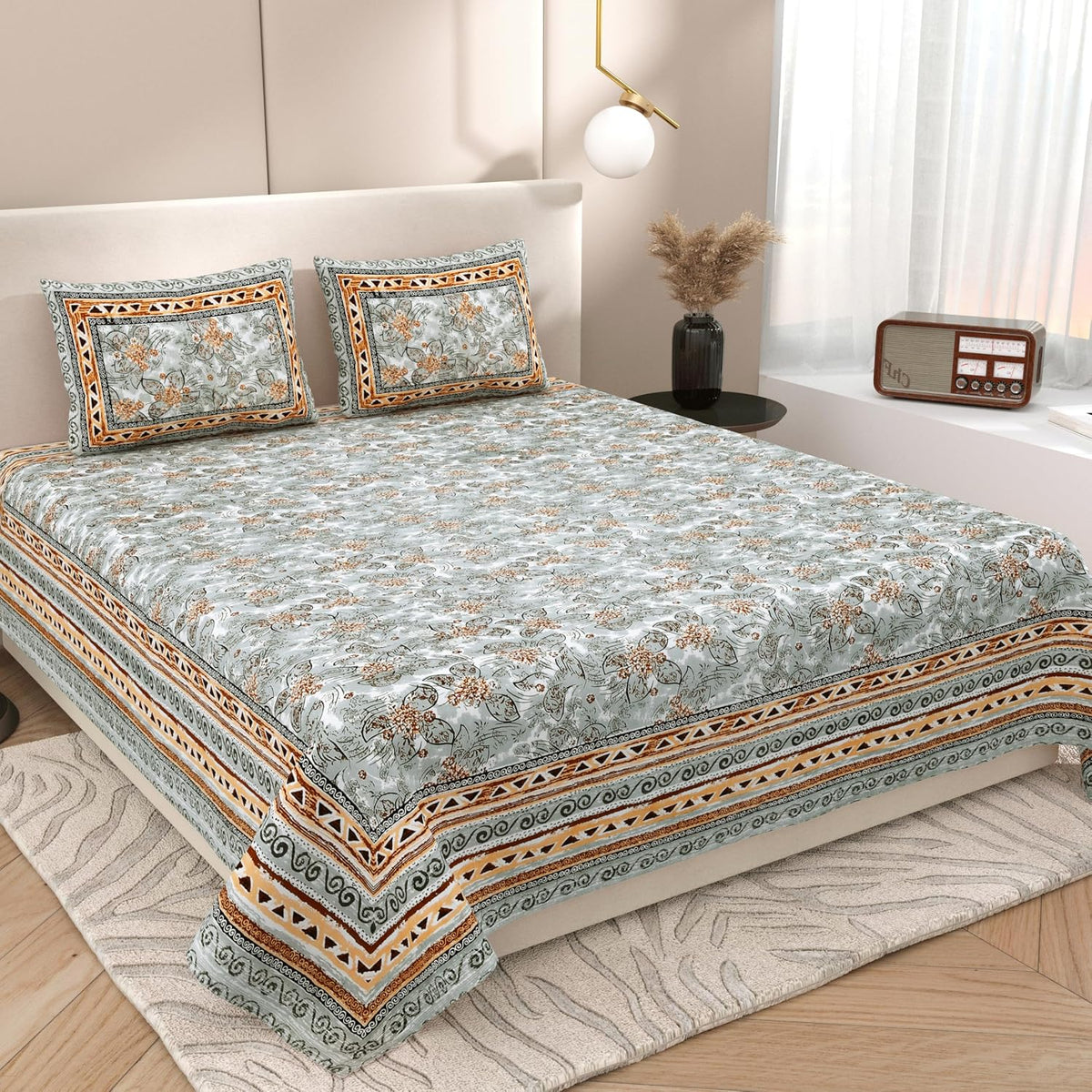 Double Bedsheet For King Size With 2 Matching Pillow Covers (90 X 108 Inches) Grey | Pure Cotton Jaipuri Bedsheet | Cotton Bedsheet Is Suitable For All Seasons