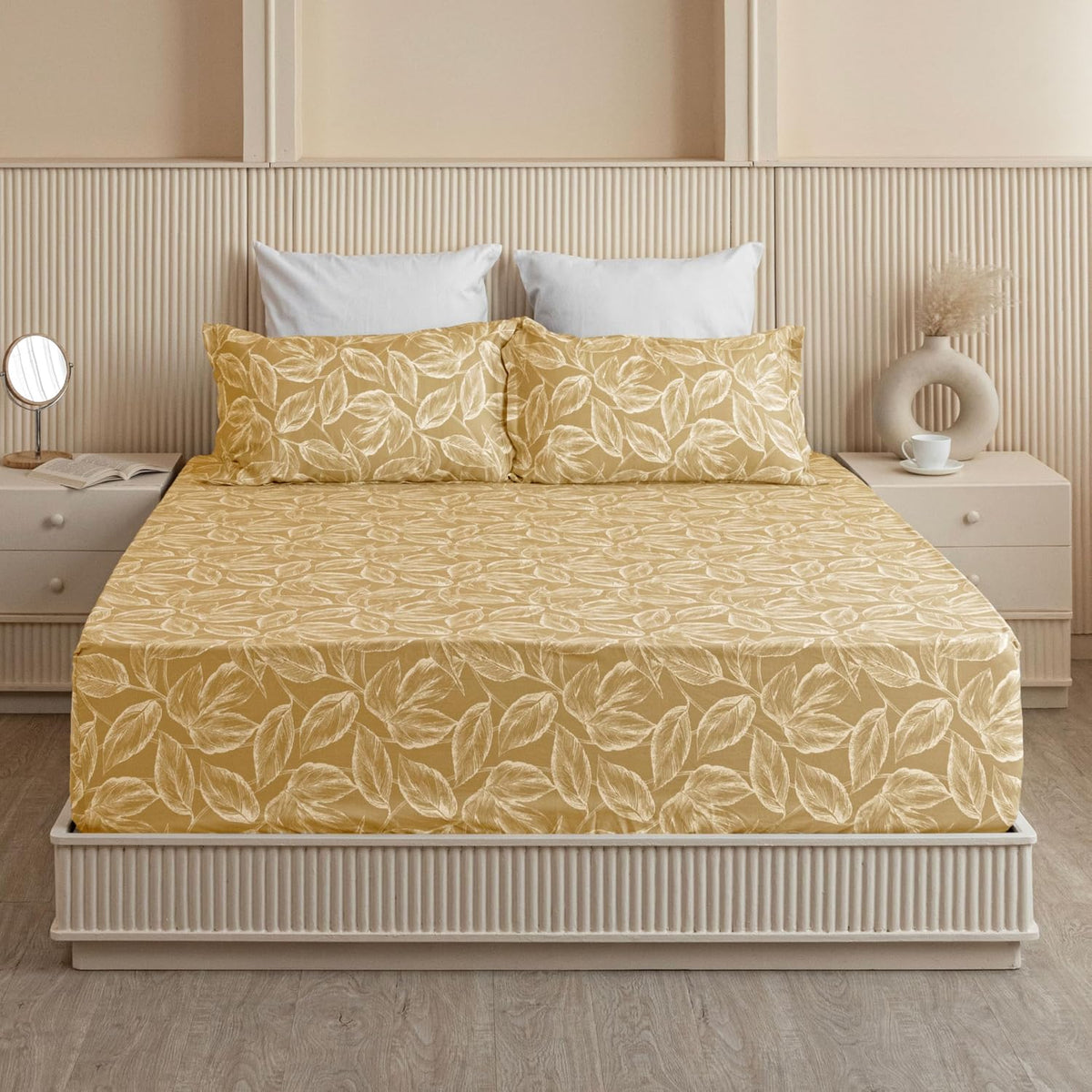 Premium Cotton 210 TC Queen Size Bedsheet With 2 Pillow Cover - 78 X 78 Inches, Golden | All Around Elastic Fitted | Super Soft & Breathable