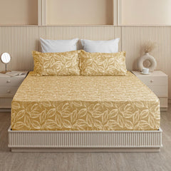 Premium Cotton 210 TC Queen Size Bedsheet With 2 Pillow Cover - 78 X 78 Inches, Golden | All Around Elastic Fitted | Super Soft & Breathable