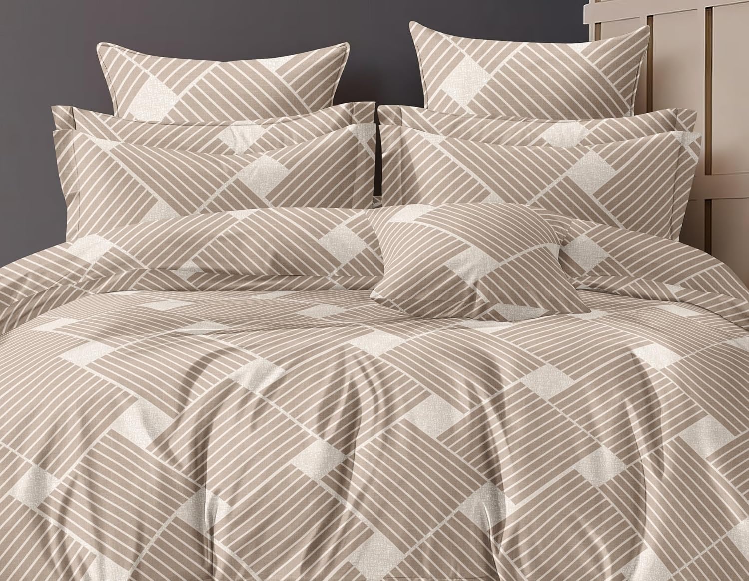 Cotton Elastic Fitted Printed Queen Size Double Bed Bedsheet With 2 Pillow Cover | 60 X 78 Inches, Beige - Soft Touch, Wrinkle Resistant, Skin Friendly