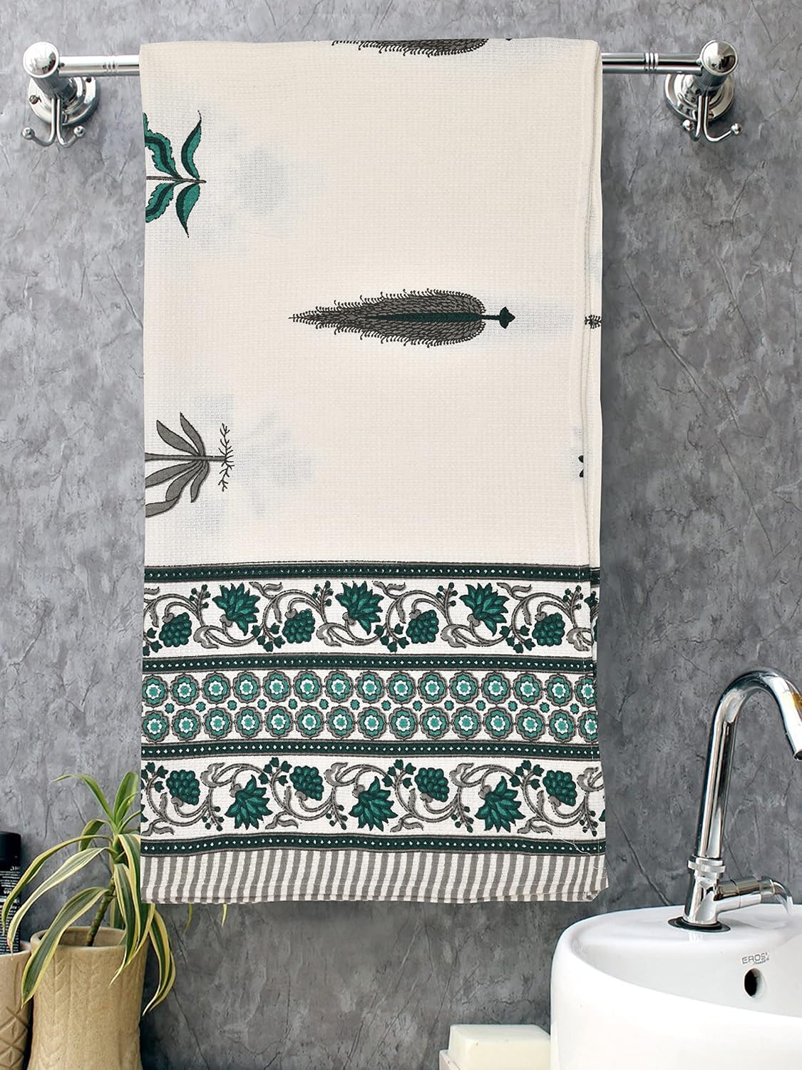 Mafatlal 100% Cotton Waffle Towel Large Size 200 Gsm | Light Weight, Quick Dry, Hand Printed, Floral Designs & Craft, Super Absorbent Towel (Madhuban Collection)