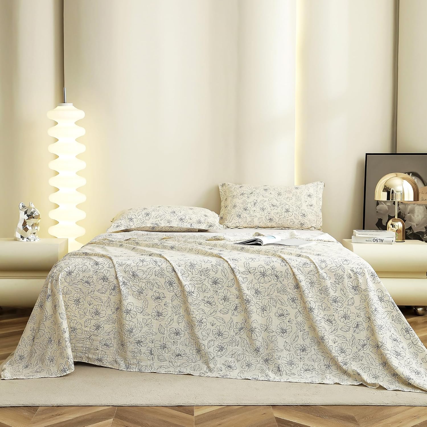 Flat Bedsheet For King Size With Two Pillow Covers - 100 X 108 Inches, Off White & Grey | Super Soft Bed Sheet For King Size Bed | Floral Design