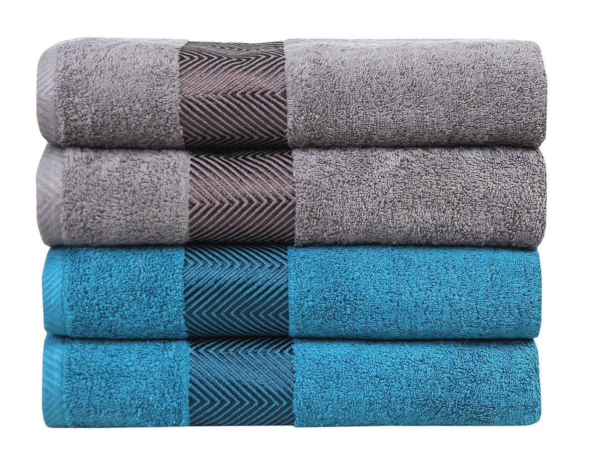Fash Home International 500 Gsm | 100% Cotton Highly Absorbent Super Luxury Large Couple Bath Towel Set Combo Pack Of 4 (Grey & Teal)
