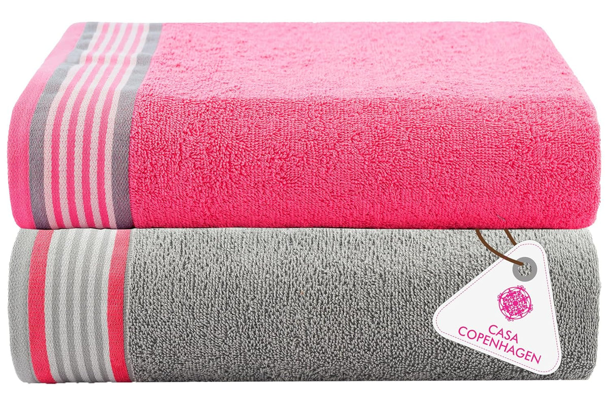 Casa Copenhagen, Germany Design He & She Super Soft Collection 100% Cotton 2 Pieces Large Bath Towel 525 Gsm - Grey Violet & Dusty Pink