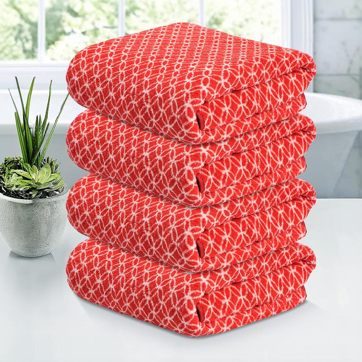 Kuber Industries Microfiber Bath Towel 1400 Gsm | Large Size Soft Quick Dry & Absorbent Shower Bath Towel (Circle- Red)- Pack Of 4