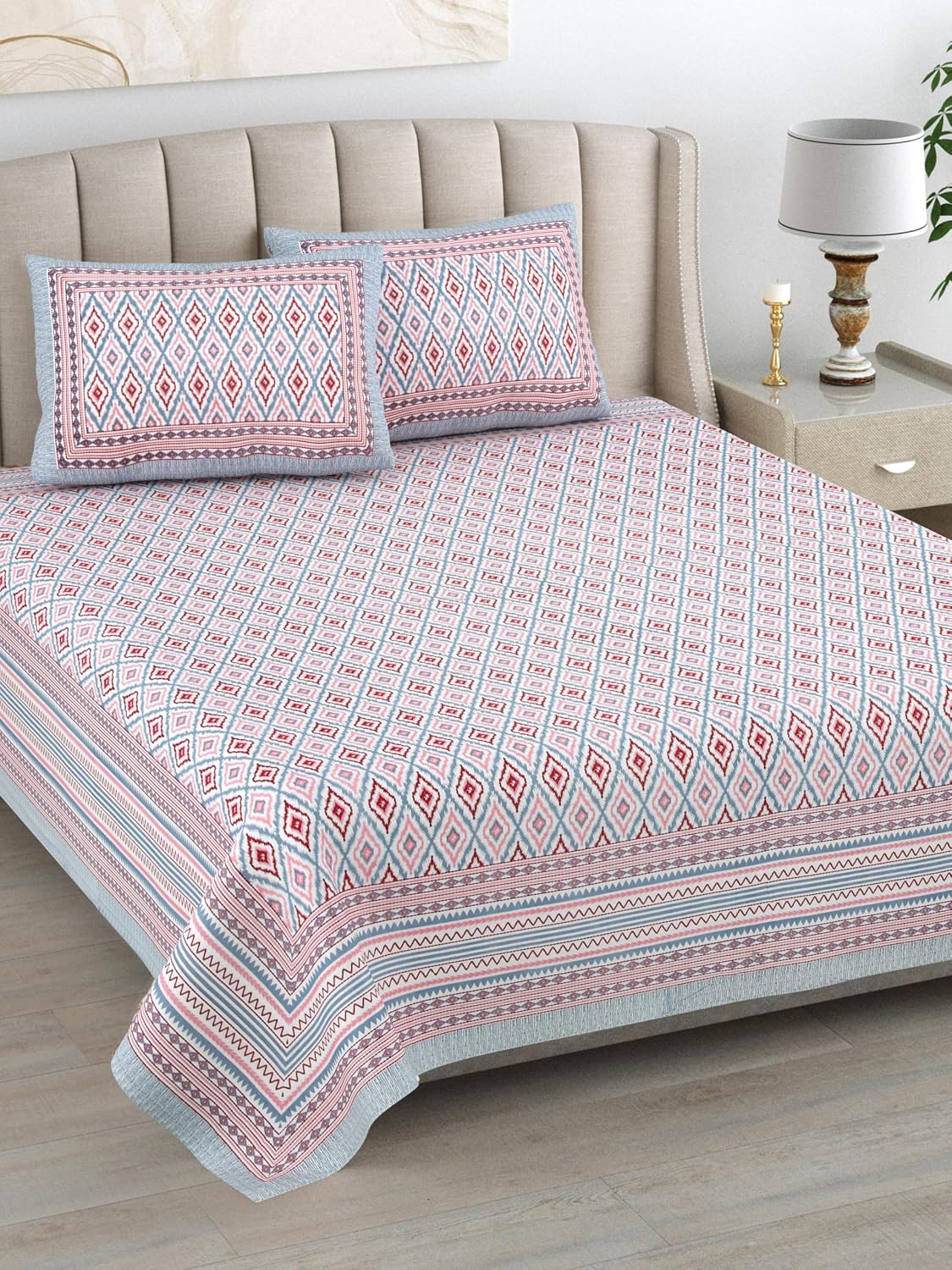 Cotton Queen Size Bedsheet For Double Bed With 2 Pillow Covers | 90 X 108 Inches, Red & Grey | Cotton Bedsheet Is Suitable For All Seasons | Ultra-Soft, Skin-Safe & Breathable Fabric