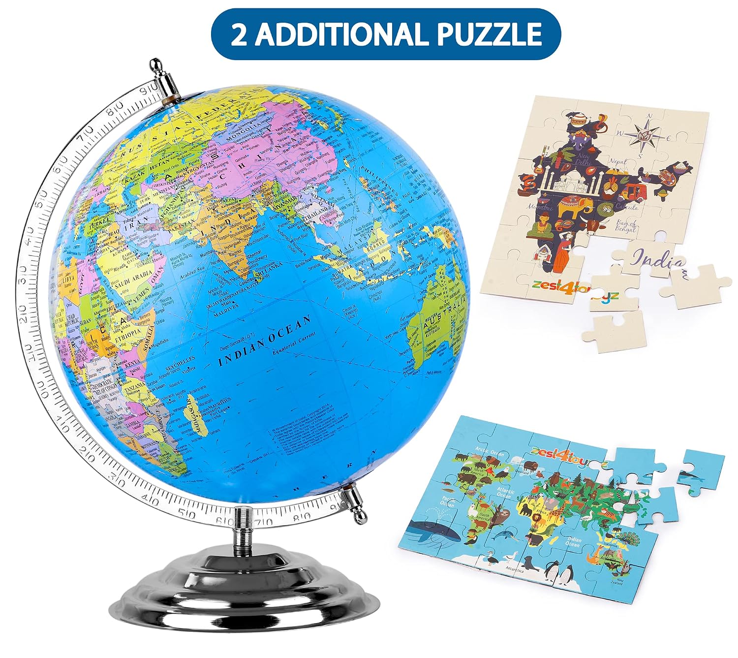 Globe For Kids, Stem Steam Educational World Globe Chrome + 2 Pcs Puzzle Map For Kids, Political Globe, Office, Students (8 Inch) Combo Pack