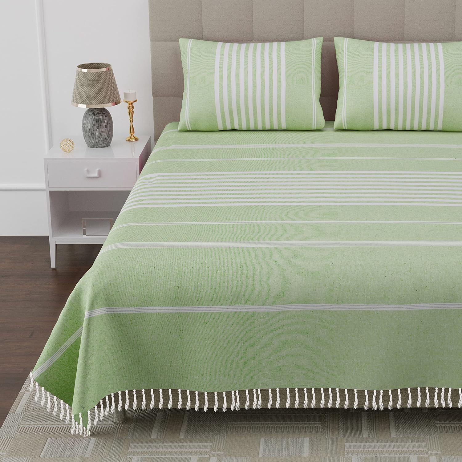 100% Cotton Double Bedsheet With Two Pillow Cover - Queen Size 90 X 100 Inches, Light Green | Handloom Cotton Bedsheets For Double Bed | All Season Comfort