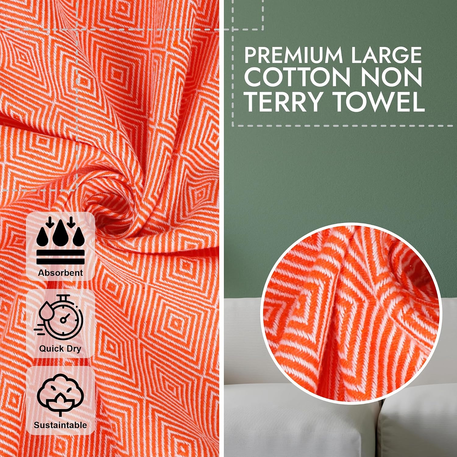 Ecosense Premium Large Cotton Non-Terry Bath Towels 600 Gsm | Soft Absorbent & Comfortable Bath Towels Large Size | Quick Dry Gym, Travel - Orange (Pack Of 2)
