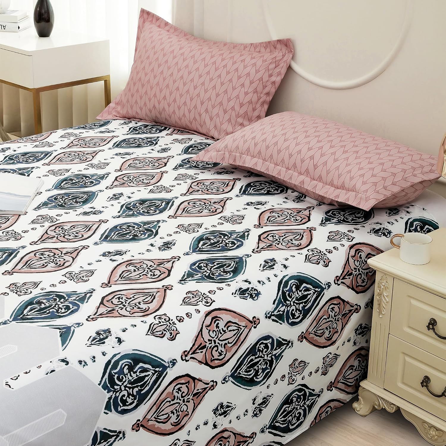 Bedsheets For Double Bed With 2 Pillow Cover - 92 X 98 Inches, White & Peach | Satin Finish Microfiber Queen Size Bedsheet | Skin Friendly & Breathable Fabric