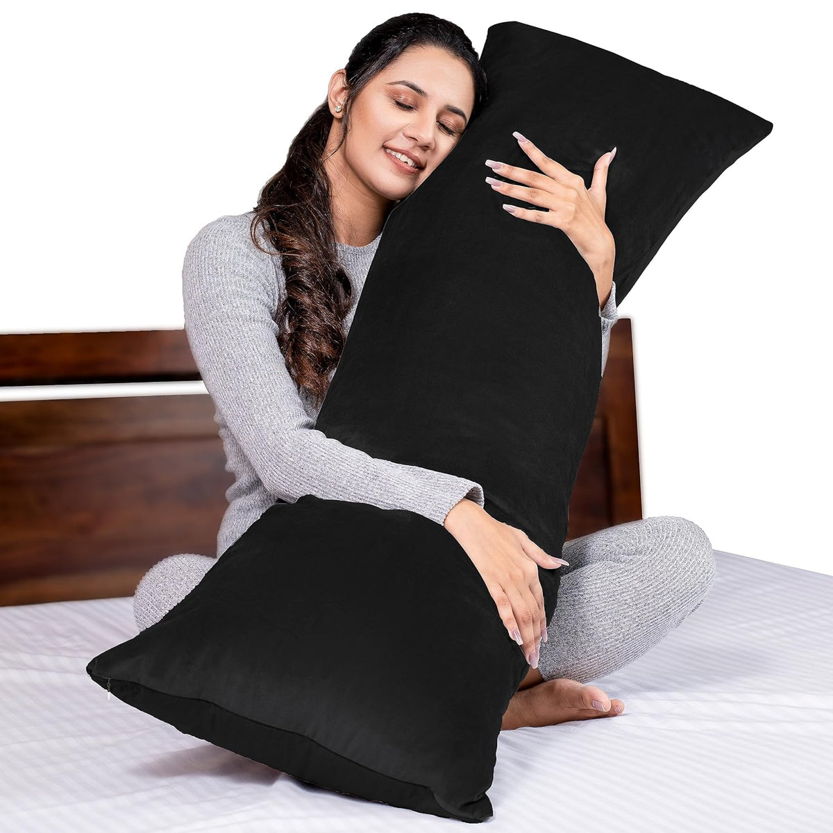 Microfiber Body Side Pillow For Sleeping For Pregnancy, Black - 53 X16 Inches | Long Cuddle Pillow For Hugging, Relaxing, Washable, Premium Velvet Outer Cover With Zip, Adjustable Pillow