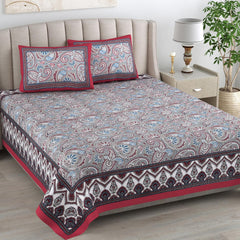 Printed Cotton Double Bedsheet For King Size With 2 Pillow Covers (95 X 108 Inches) Red & Grey | 240 Thread Count - Pure Cotton Natural Fabric & Skin-Safe | Extra Soft & Wrinkle Free