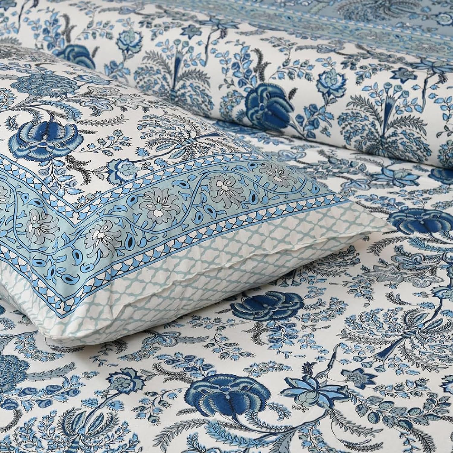 1 Queen Size Bedsheet For Double Bed With 2 Pillow Covers (90 X 108 Inches) Cream & Blue | Floral Print Designs - Breathable 100% Cotton Bedsheet Comfortable