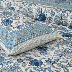 1 Queen Size Bedsheet For Double Bed With 2 Pillow Covers (90 X 108 Inches) Cream & Blue | Floral Print Designs - Breathable 100% Cotton Bedsheet Comfortable