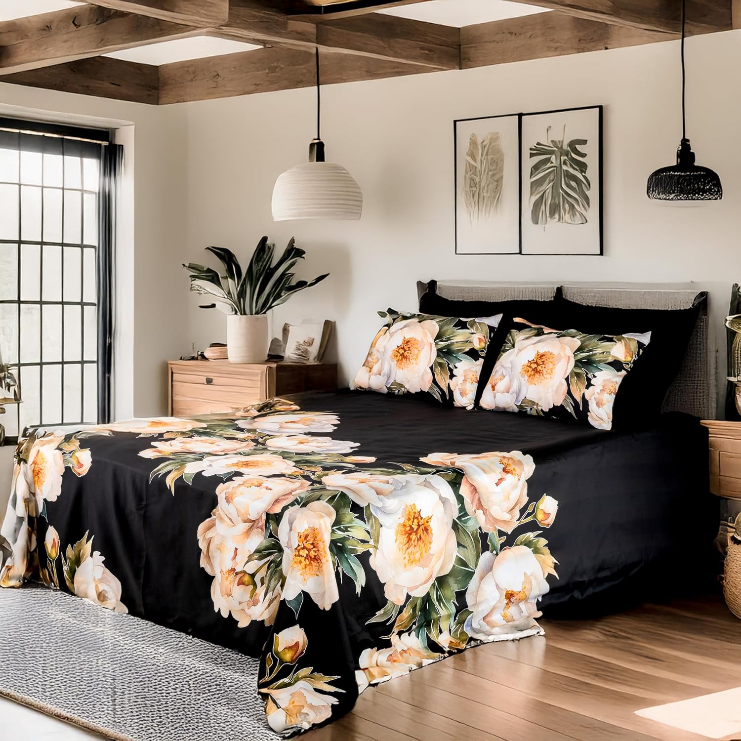 Printed Cotton Bedsheet For Queen Size With 2 Pillow Cover | 88 X 100 Inches, Black | Wrinkle Free Soft Perfect For Everyday Use