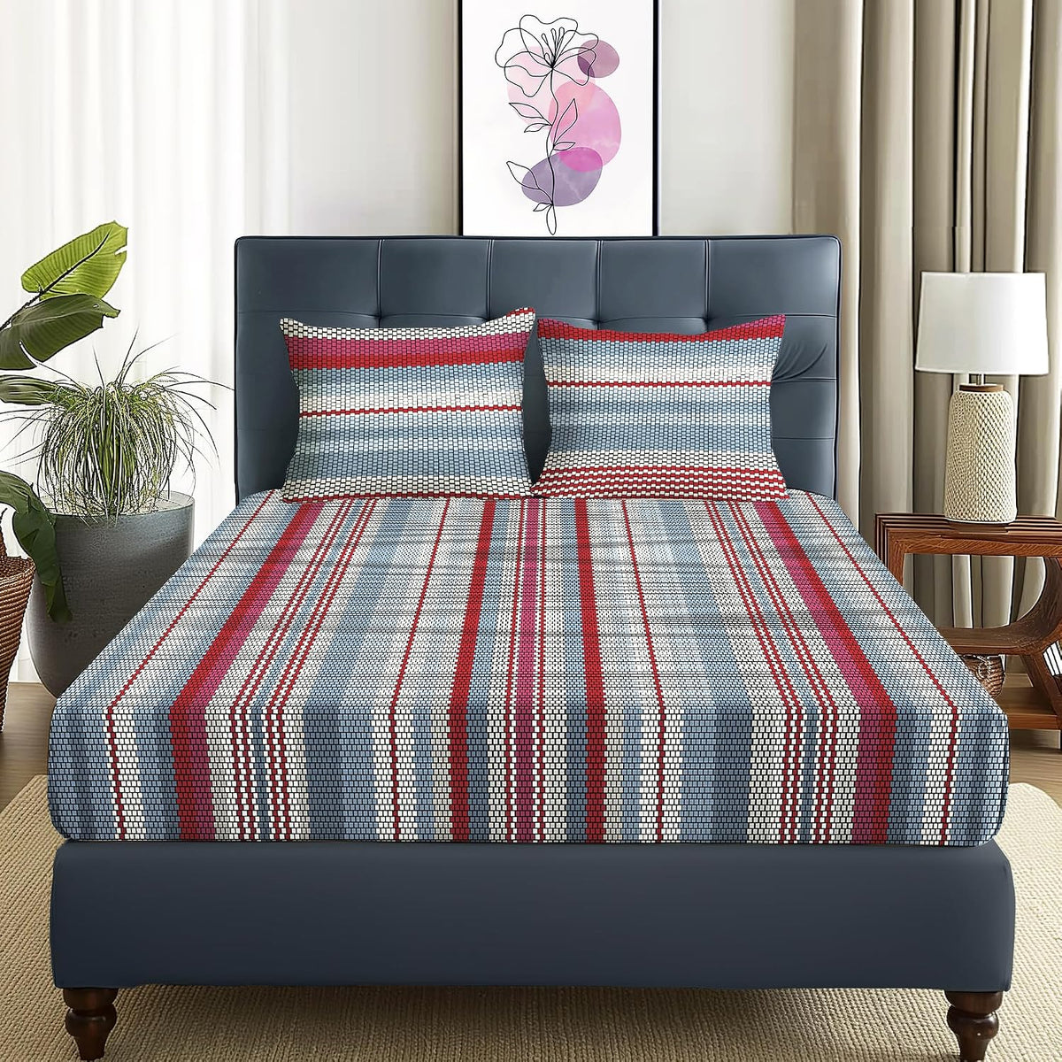 Queen Size Bedsheet With 2 King Size Pillow Covers - 88 X 100 Inches, Grey & Red | Ideal For House, Hotel, Guest Room | Soft & Breathable