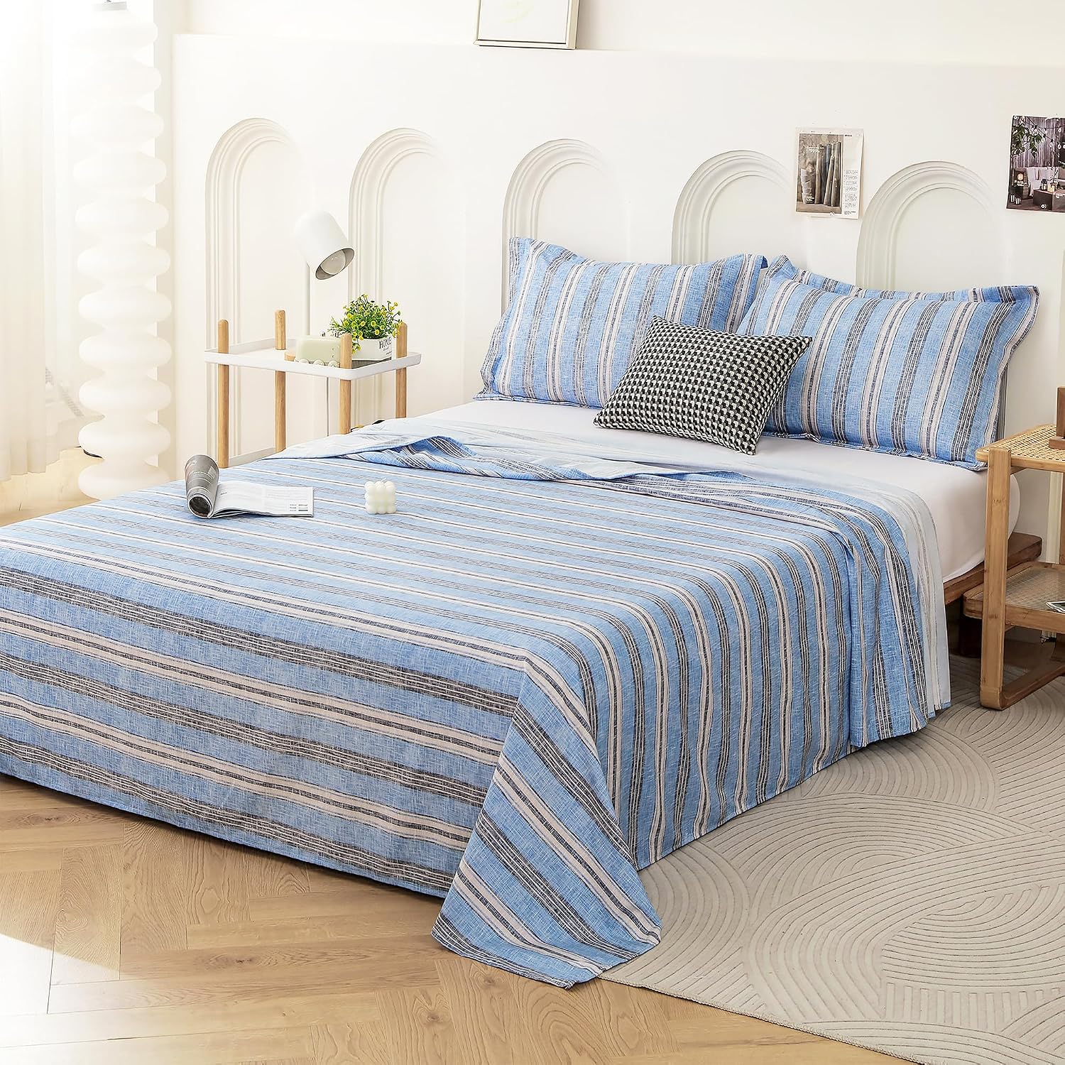 King Size Bedsheet With 2 Pillow Covers - 98 X 106 Inches, Light Blue & Cream | Summer Breathable & Wrinkle Free | Bedsheet Long Lasting & Soft To Touch