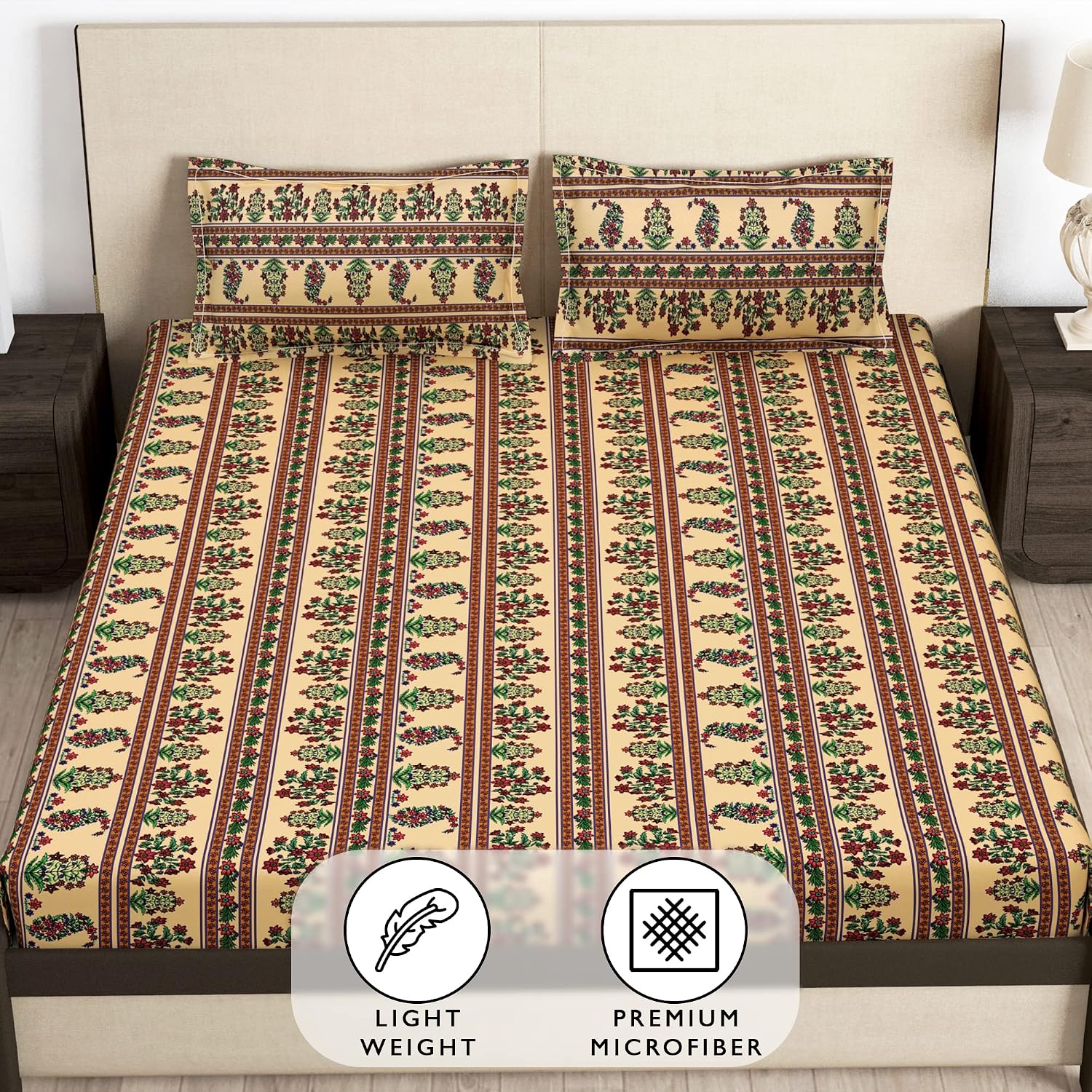 Elastic Fitted Queen Size Bedsheet With 2 King Size Pillow Covers - 71 X 77 Inches, Beige & Green | Ideal For House, Hotel, Guest Room