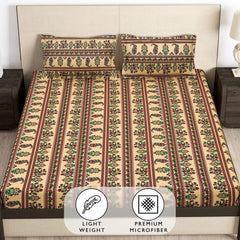Elastic Fitted Queen Size Bedsheet With 2 King Size Pillow Covers - 71 X 77 Inches, Beige & Green | Ideal For House, Hotel, Guest Room