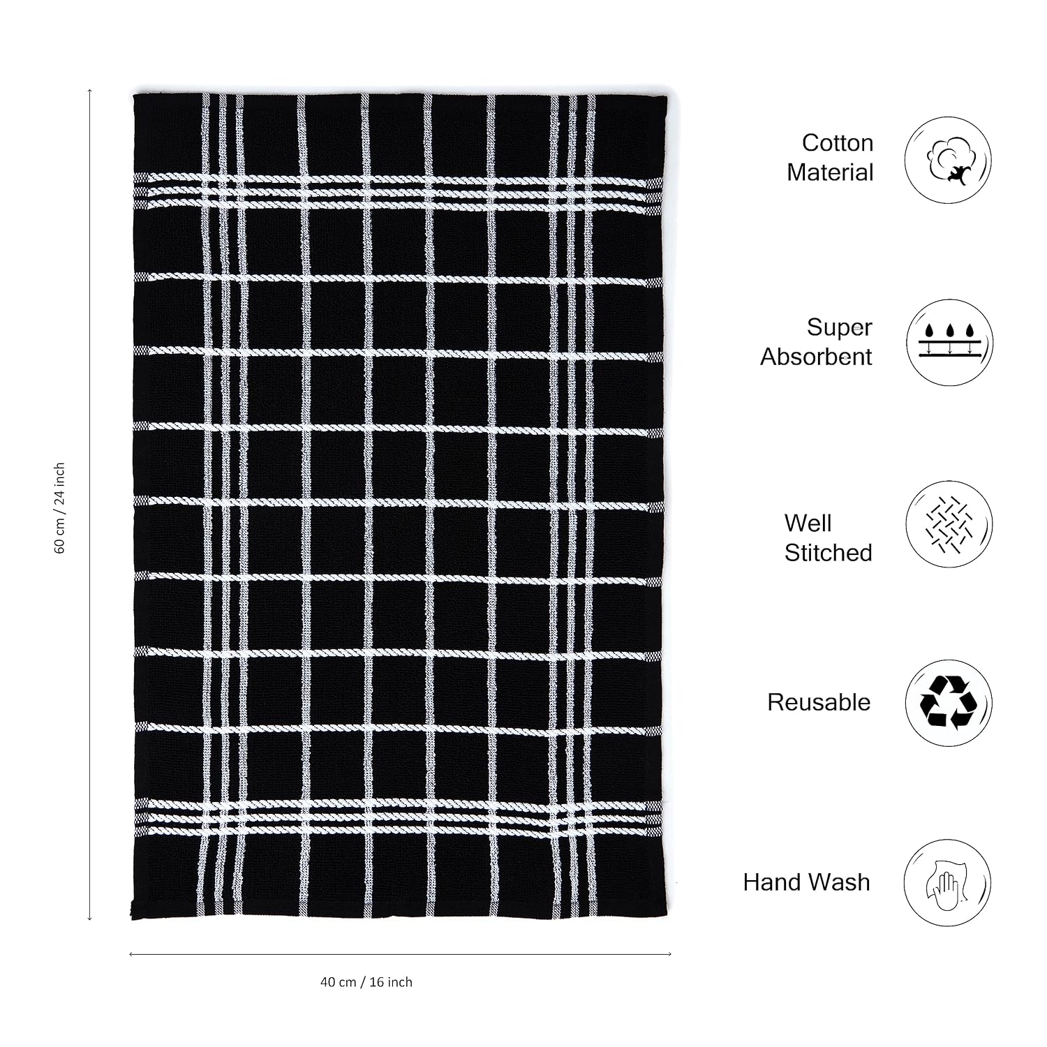 Encasa Xo Kitchen Towels 350 Gsm | Highly Absorbent Cotton Terry Towels Multipurpose For Washing Dishes & Cleaning Pack Of 4 (Black)