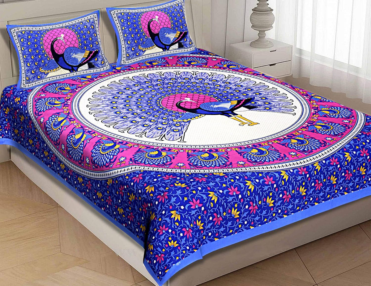 Rajasthani Jaipuri Bedsheets For Double Bed King Size With 2 Pillow Cover - 90 X 100 Inches, Blue & Pink | Skin Friendly Fabric With Vibrant Colors