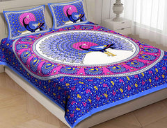 Rajasthani Jaipuri Bedsheets For Double Bed King Size With 2 Pillow Cover - 90 X 100 Inches, Blue & Pink | Skin Friendly Fabric With Vibrant Colors