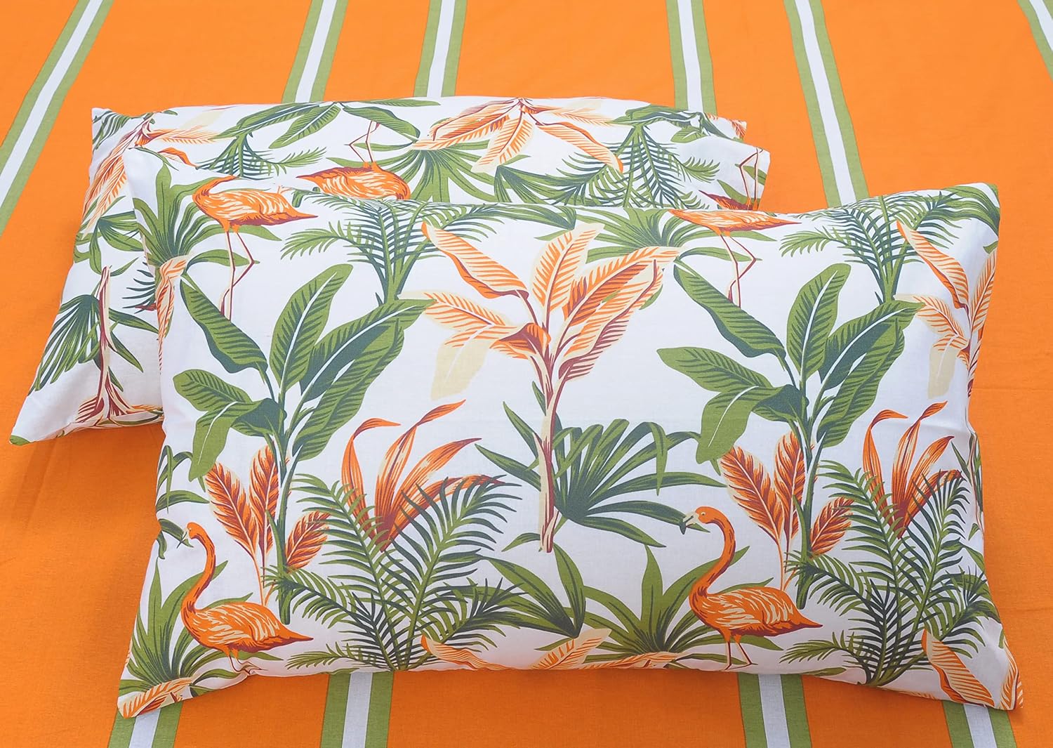 Single Bedsheets With 1 Pillow Cover - 55 X 88 Inches, Stripes & Flamingos Orange & Green | Soft & Breathable Fabric | Comfortable For Daily Use
