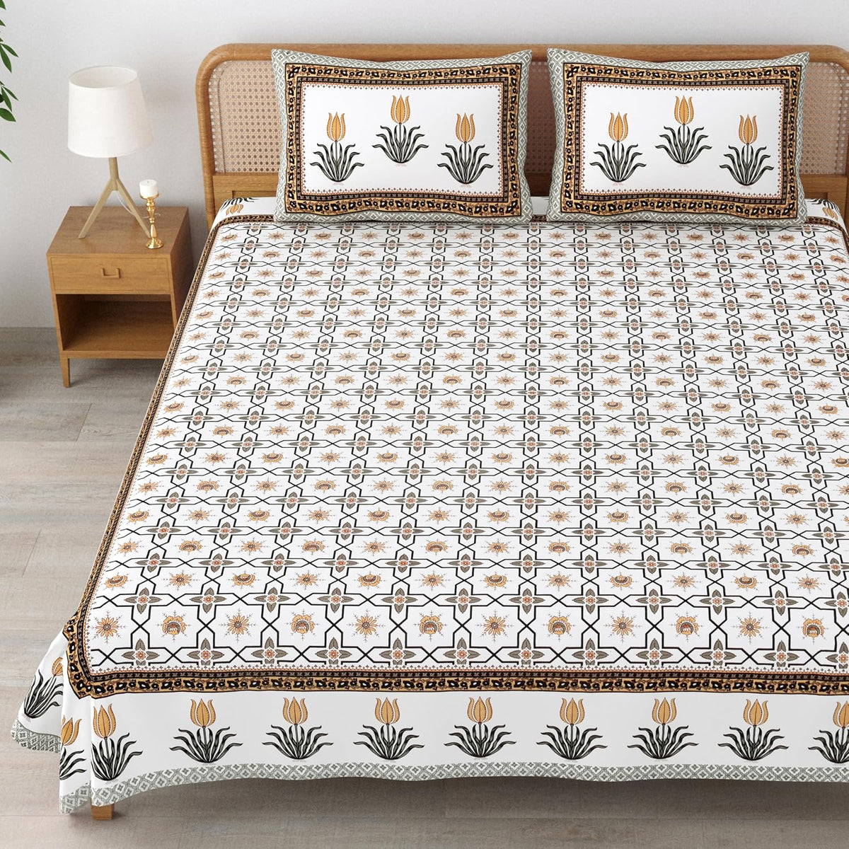 Sanskriti Bedsheet For Double Bed King Size With 2 Pillow Cover - 90 X 108 Inches, White & Brown | Soft, Durable & Stylish | Breathable & Skin-Friendly