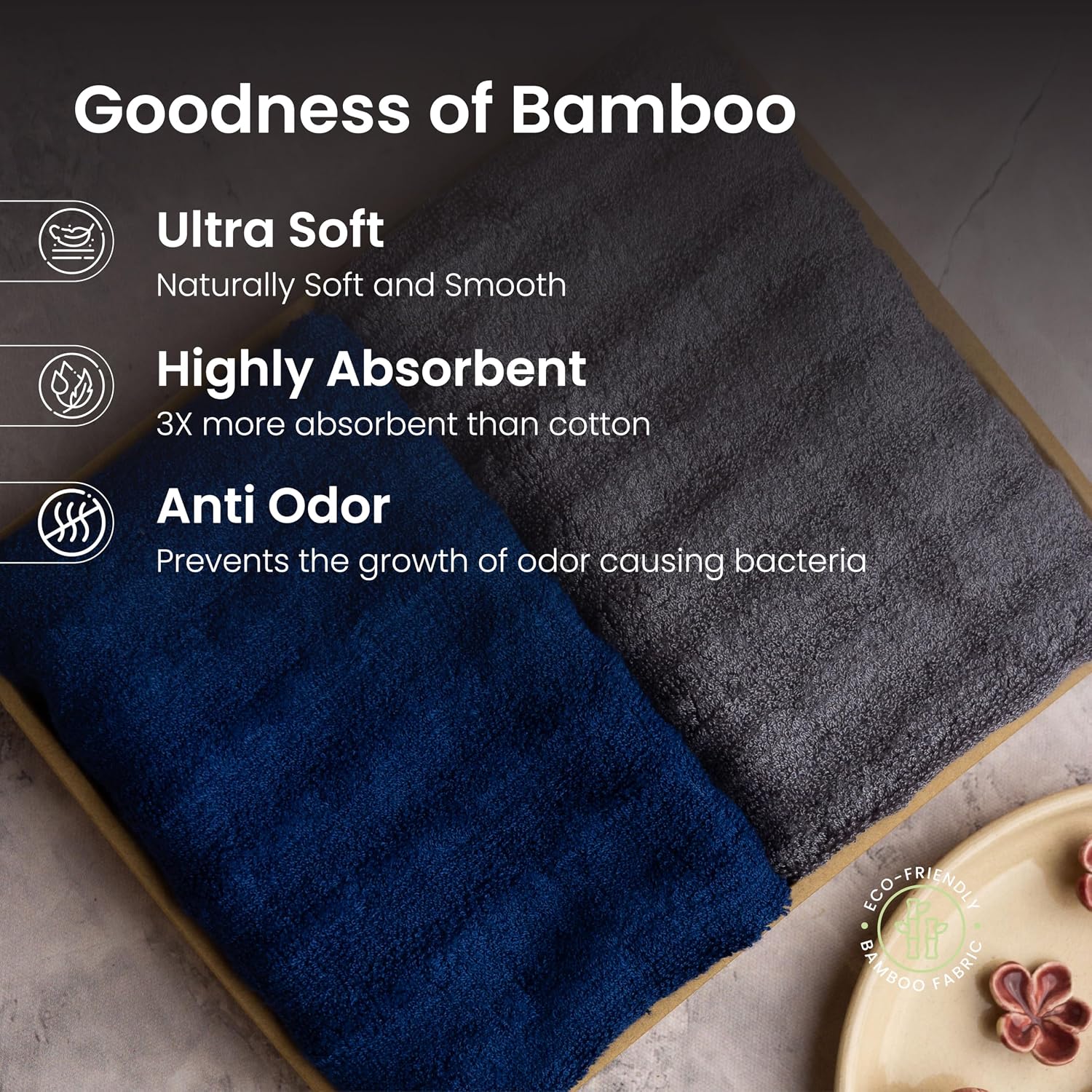 Mush Bamboo Hand Towels 1200 Gsm | Ultra Soft, Absorbent & Quick Dry Towel (Navy Blue & Grey) - Set Of 6
