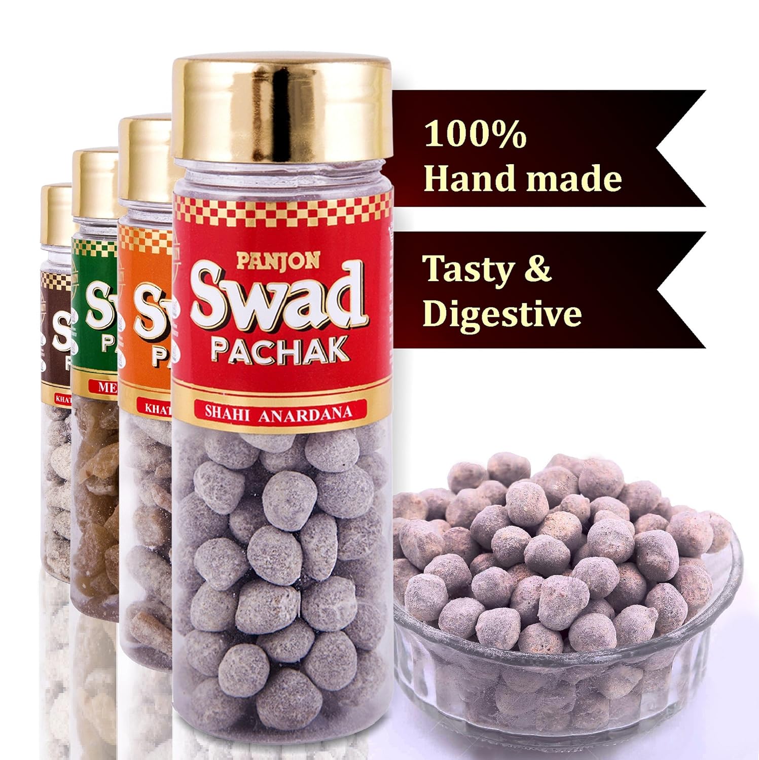 Panjon Swad Candy, Anardana, Sweet Amla, Chatpata Amla And Imli Ladoo 440gm, (110gm, *4 Bottles)
