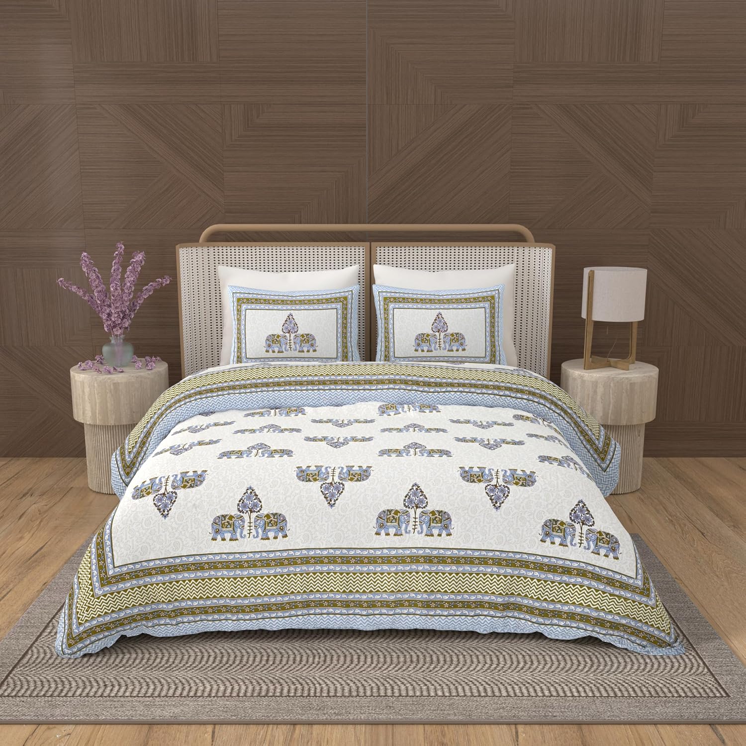1 Queen Size Bedsheet For Double Bed With 2 Pillow Covers (95 X 108 Inches) Cream & Grey | Floral Print Designs - Breathable 100% Cotton Bedsheet Comfortable