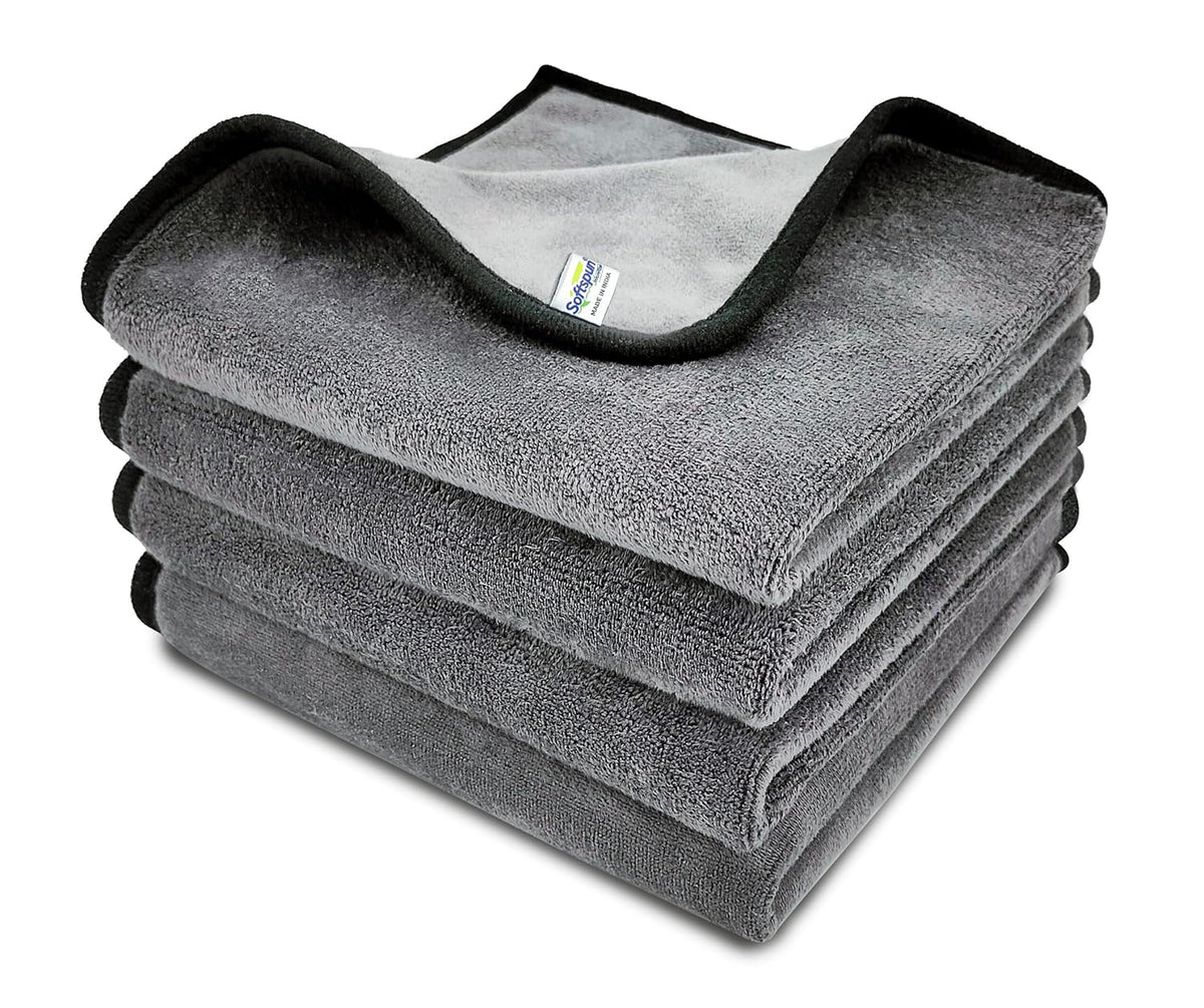 Softspun Microfiber Super Absorbent Cloth 500 Gsm | Silk Banded Edge Towel Set Extra Thick Microfiber Cleaning Cloths | Pack Of 4 (Grey)