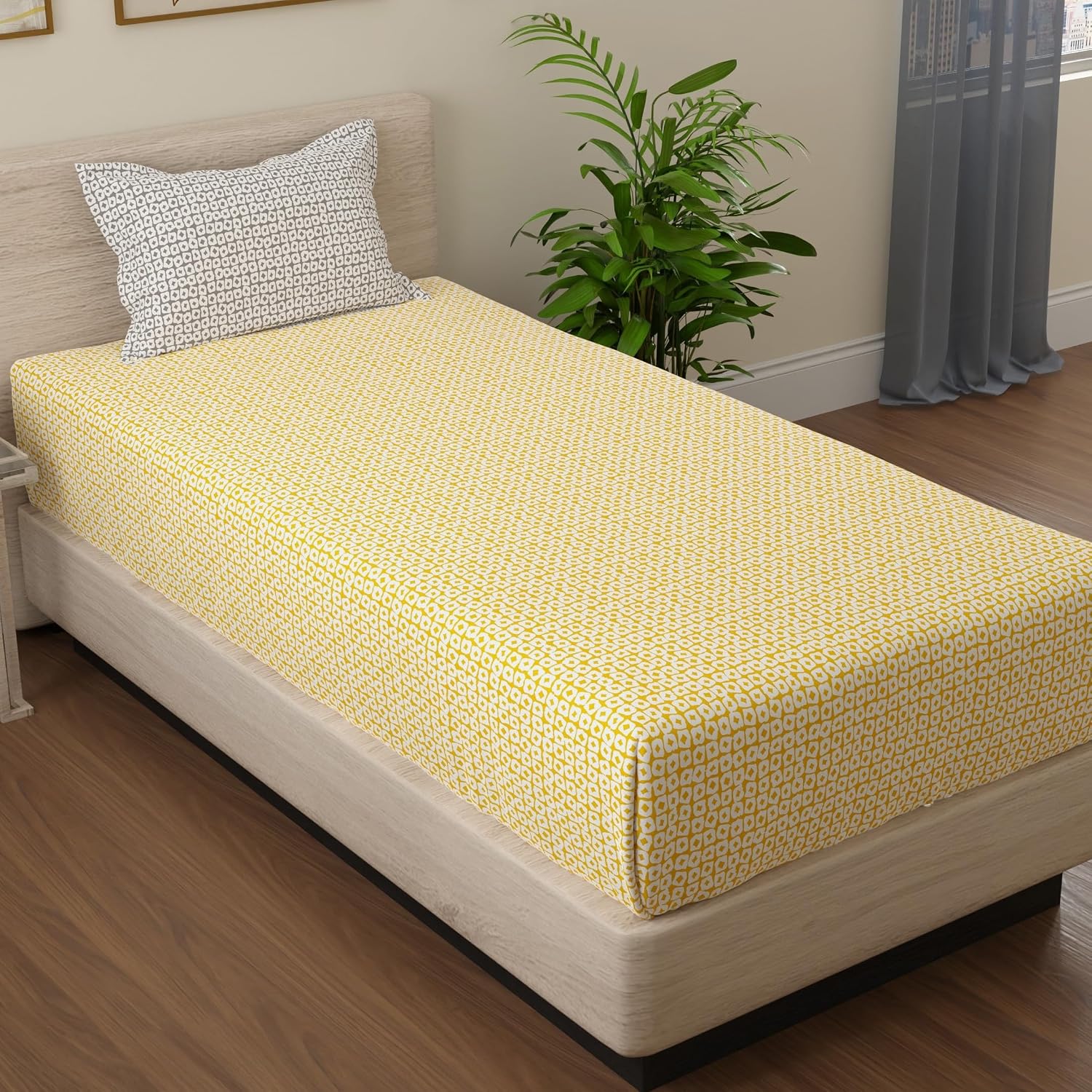 Single Bedsheet Elastic Fitted Cotton With 1 Pillow Cover | 36 X 78 Inches, Yellow & Grey | Breathable & Light Weight, All Season Comfort-Ideal For Daily Use