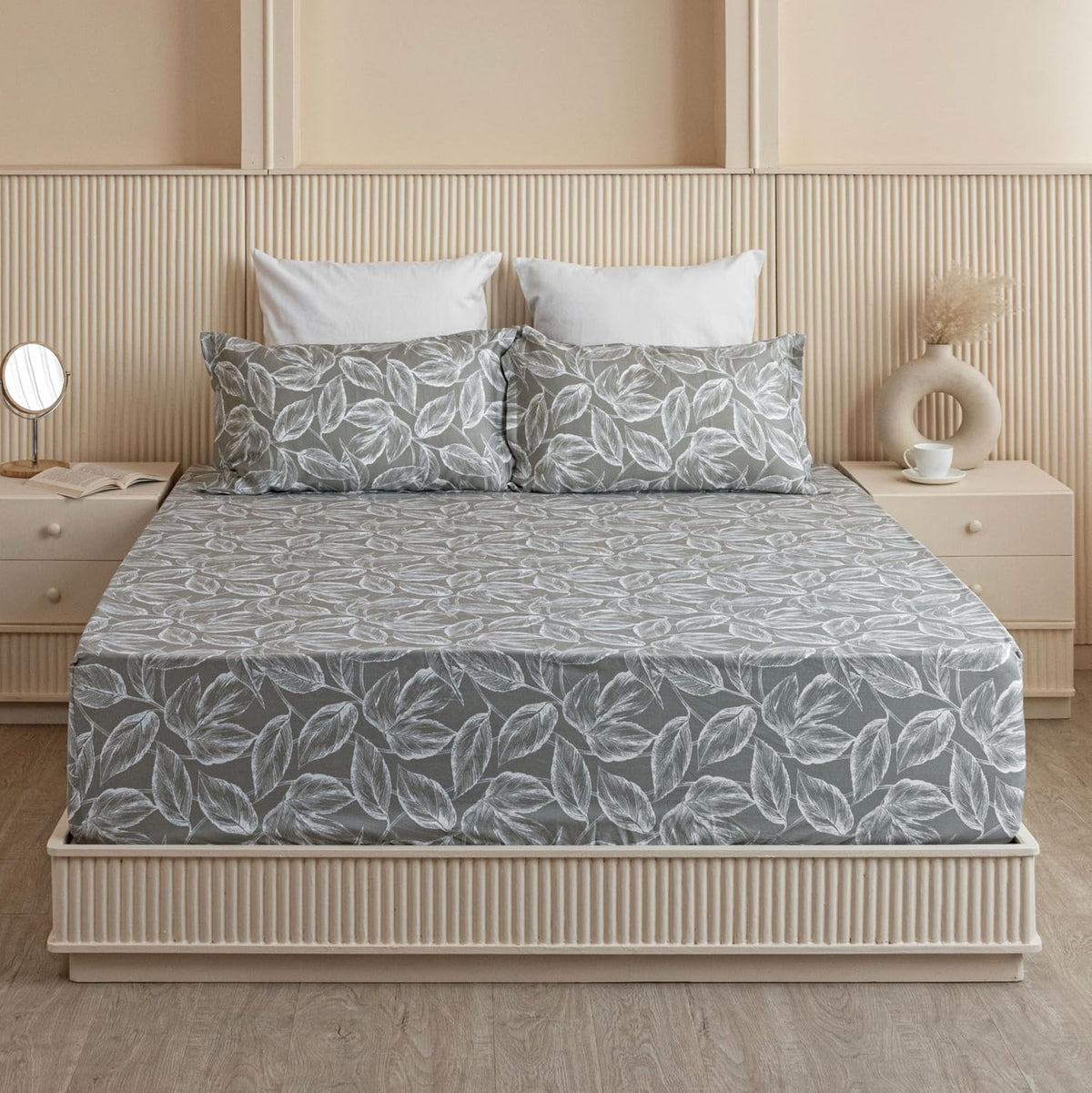 Premium Cotton Fitted Bedsheet King Size - 78 X 72 Inches With 2 Pillow Covers, Grey & White | Super Soft, Breathable & Wrinkle Free